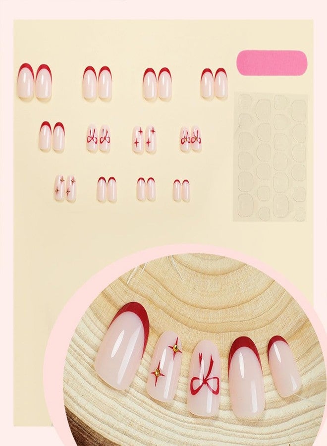 HJKDSFD Oval Press on Nails Short Fake Nails Red French Tip Glue on Nails Valentine False Nails with Bow and Star Designs Cute Glossy Acrylic Nail Holiday DIY for Women Stick on Nail 24Pcs - Image 3